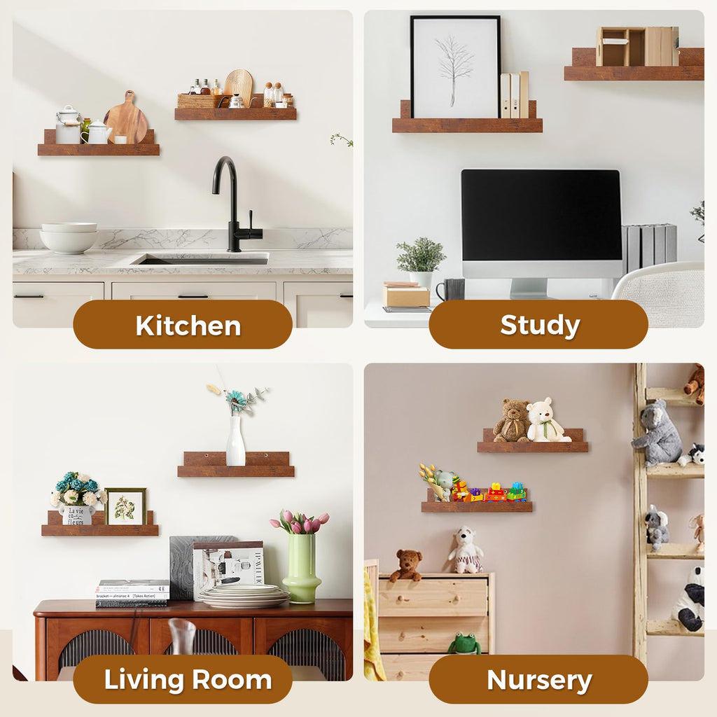 24" Wood Floating Shelves Wall Shelf with Lip, 2Pcs, Brown