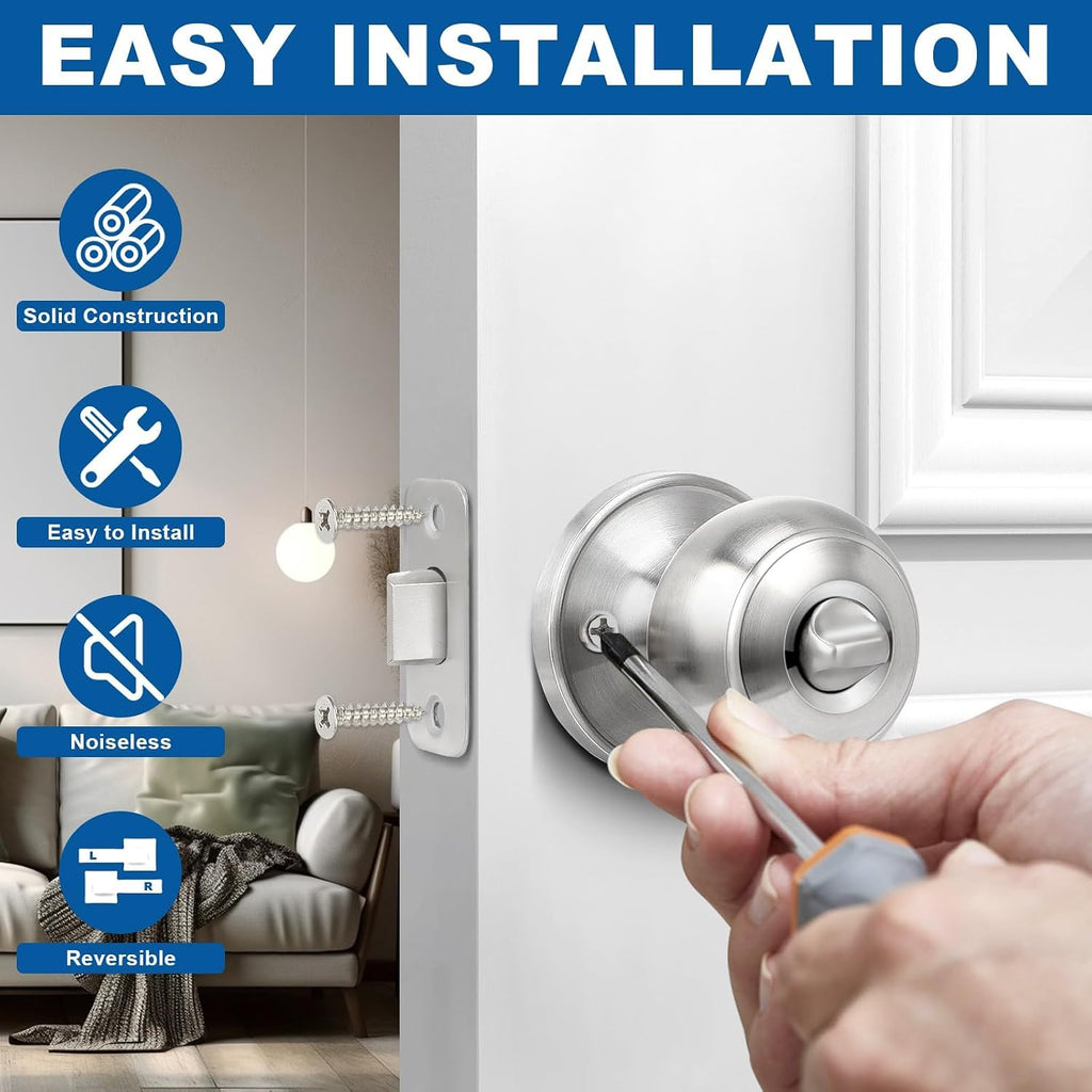 Privacy Door Knob, 5 Pack Brushed Nickel Round Keyless Doorknobs