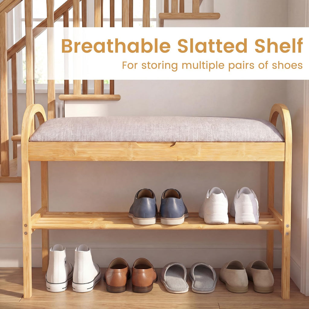 Bamboo Shoe Rack Bench with Storage, 2-Tier Entryway Bench with Flip Top Storage and Padded Seat Cushion, Shoe Rack