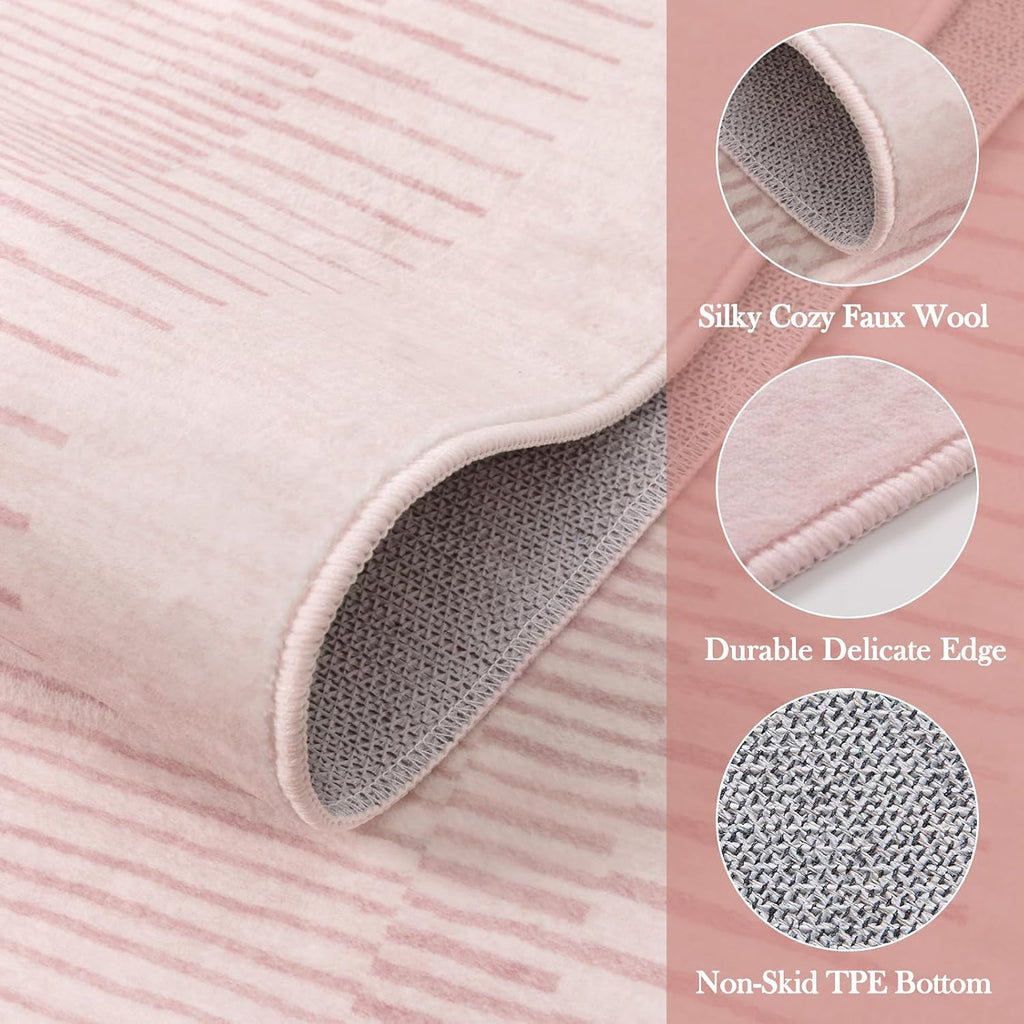 Washable Striped Living Room Area Rug, Non-Slip Berber Stripe Pink Area Rugs Girls, Low Pile Soft Large Throw
