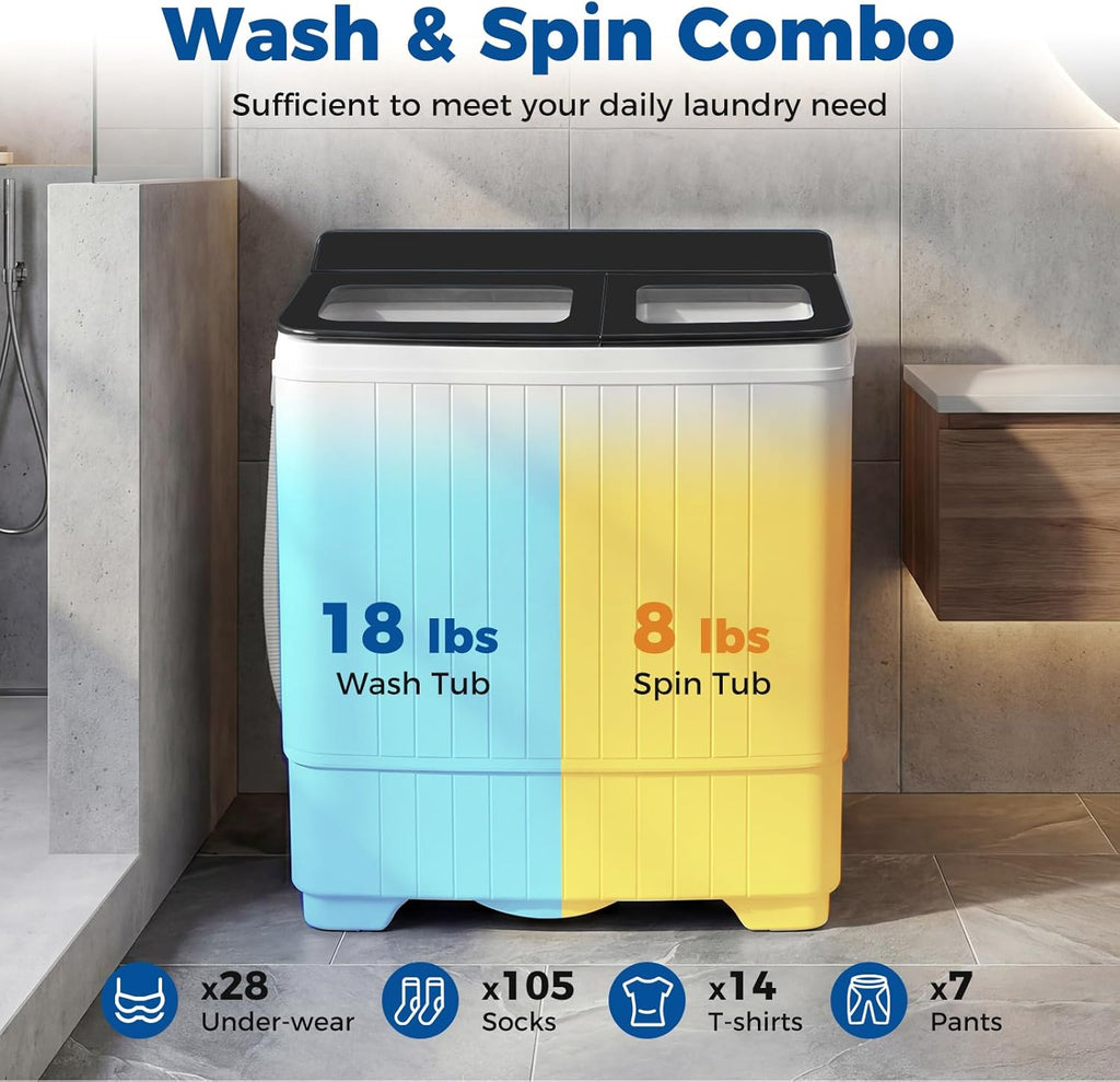 Portable Washing Machine, 26LBS Twin Tub Mini Compact Laundry Washer Spinner Combo with Drain Pump, 18Lbs Washer and