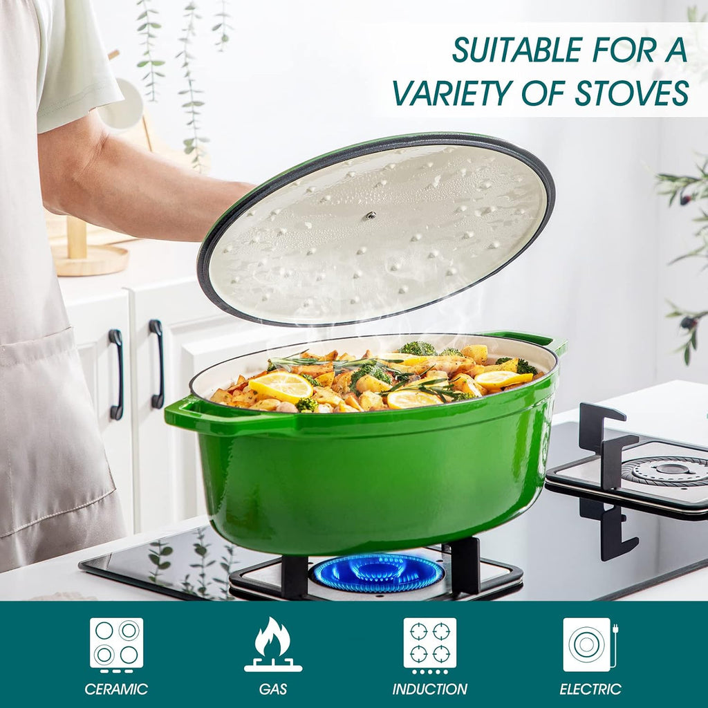 9.3 Qt Oval Enameled Cast Iron Dutch Oven with Lid, Green | Ideal for bread baking, roasting & braising. Self-basting