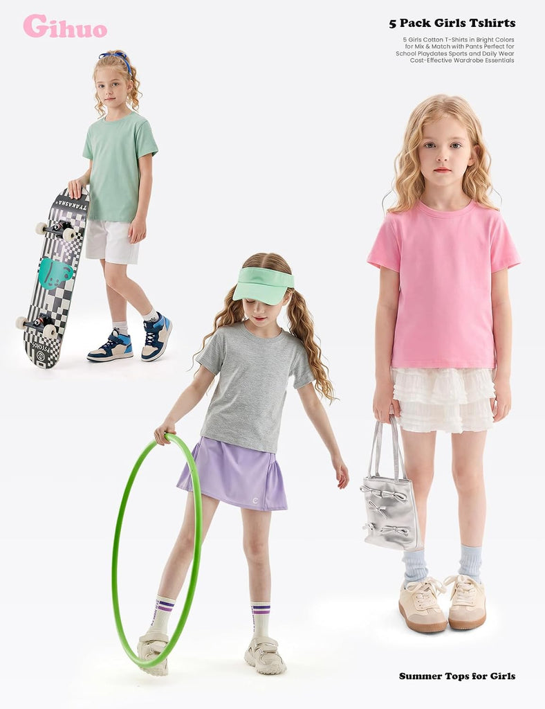 5 Pack Girls T-Shirts Short Sleeve Shirt for Girls Cotton Tees Kids Tshirts Clothes Summer Tops