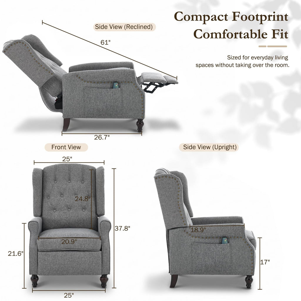 Wingback Recliner, Massage & Heat, Manual Push-Back, Light Gray