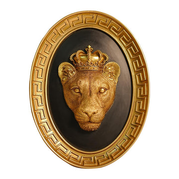 Vintage Wall Sculpture, Retro Gold Lioness Head Oval Framed Wall Art, Antique Wall Decor, Gothic Hanging Decoration
