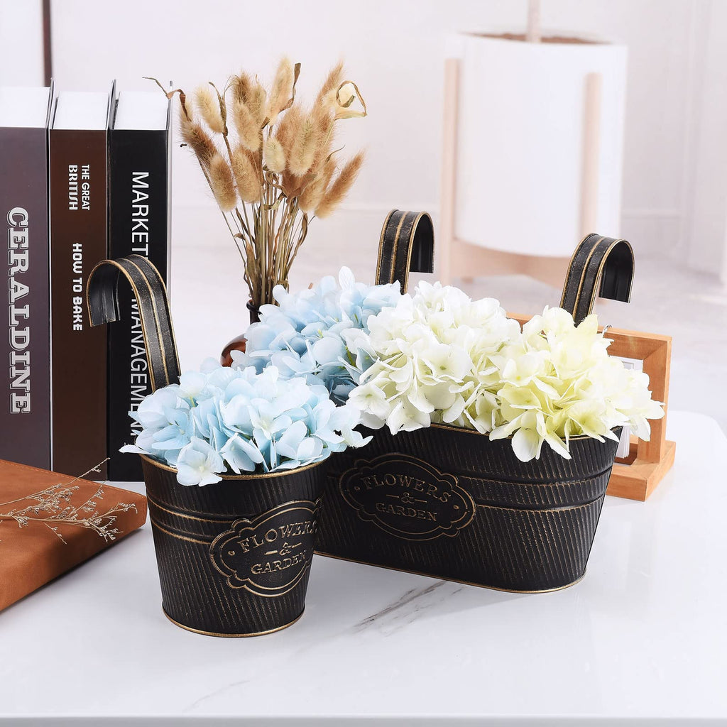 3 Pack Metal Railing Planter Box Outdoor, 10.6" Hanging Flower Pots with Detachable Hooks & Drainage Holes, Rail