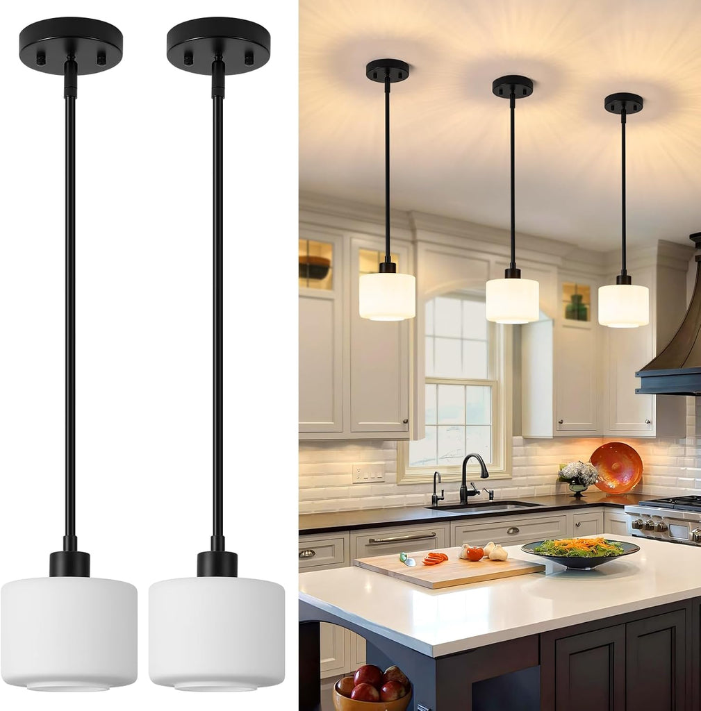 Black Pendant Lights Kitchen Island 2 Pack, Modern Milk Glass Hanging Light Fixtures with Rods, Mini Kitchen Pendant