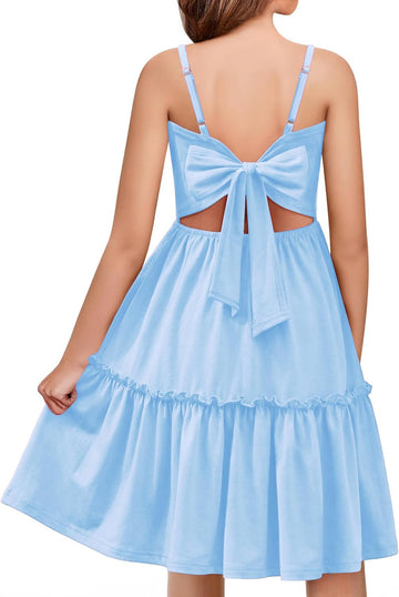 Girls Dress Tie Back Casual Summer Beach Sundress with Pockets
