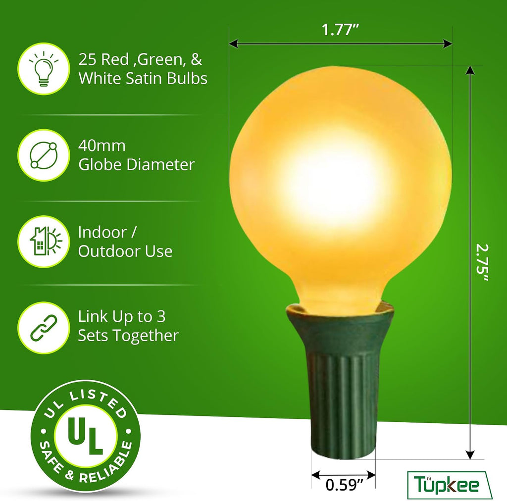 Globe Christmas Tree Lights, Red Green Clear Bulbs, 24 Ft String