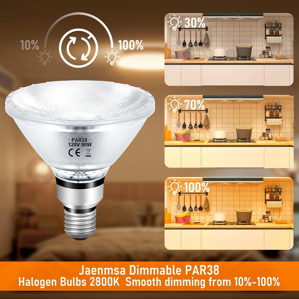 PAR38 Halogen Flood Light Bulbs 90W 120V, 4Pcs Halogen PAR38 90W Light Bulbs Dimmable with E26 Base, 2700K Warm