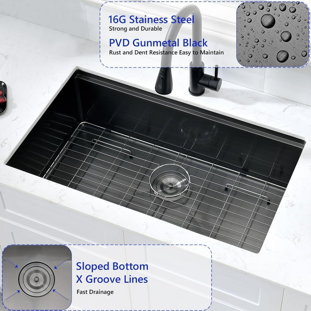 32" Undermount Workstation Kitchen Sink, 16 Gauge T304 Stainless Steel Single Bowl, 32x19x10 Deep Ledge Sink with