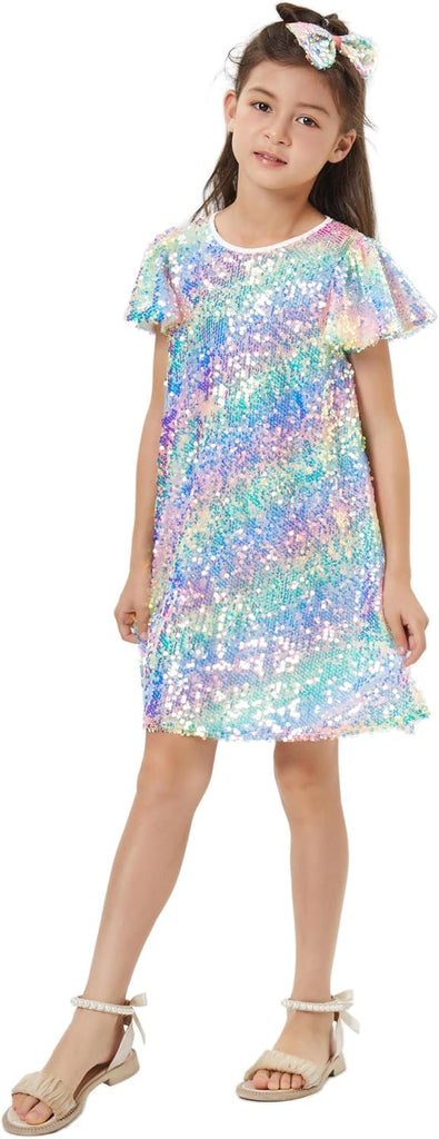 Sequin Dress Shiny Short Flutter Sleeve Midi Sparkly Party Dress with Hairbow