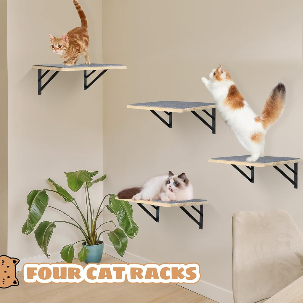 Burlywood Cat Shelves: Set of 4 Wood Cat Furniture Indoors - Climbing Shelf with Wall Mounted Scratching Pad &