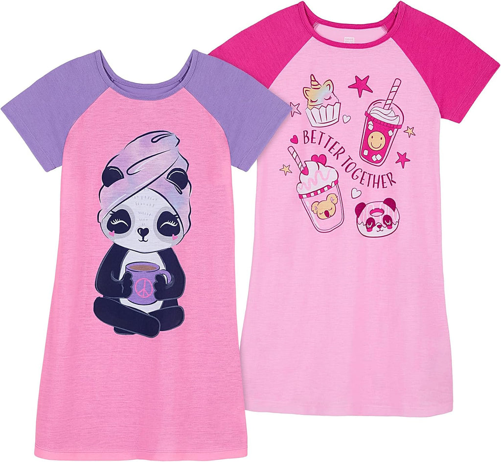 Kids Girls 2 Pack Nightgowns Pajamas Dress - Long or Short Sleeve