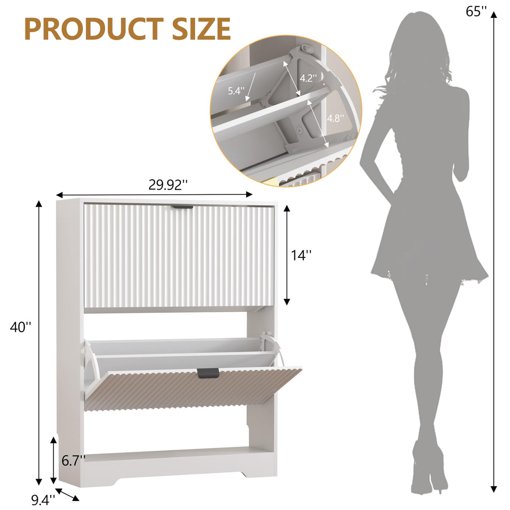 Shoe Cabinet Storage with 2 Flip Drawers, White Fluted Shoe Cabinet with Open Storage, Wooden Hidden Shoe Rack