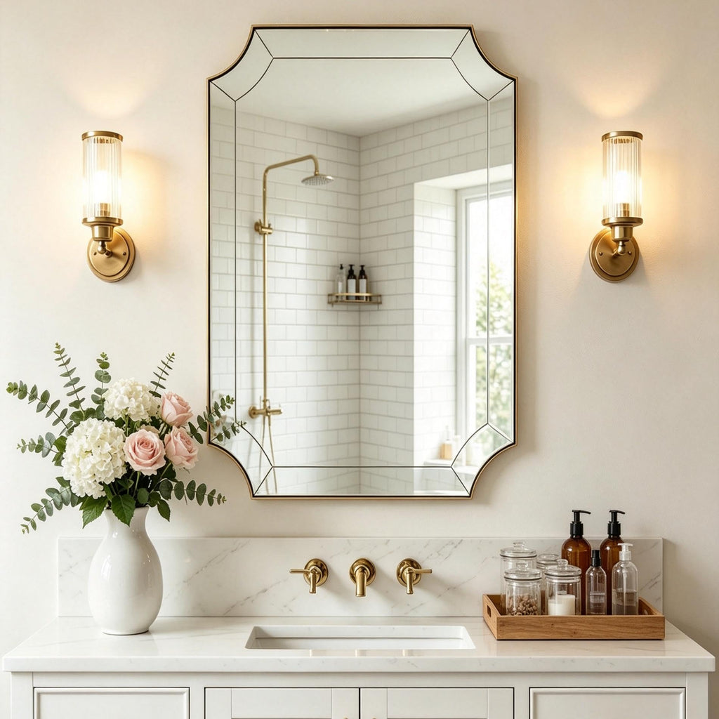 24x36 Scalloped Mirror, Gold Rectangle Wall Mirror with Scallop Corner, Non-Rusting Vanity Mirror with Curved Cutouts