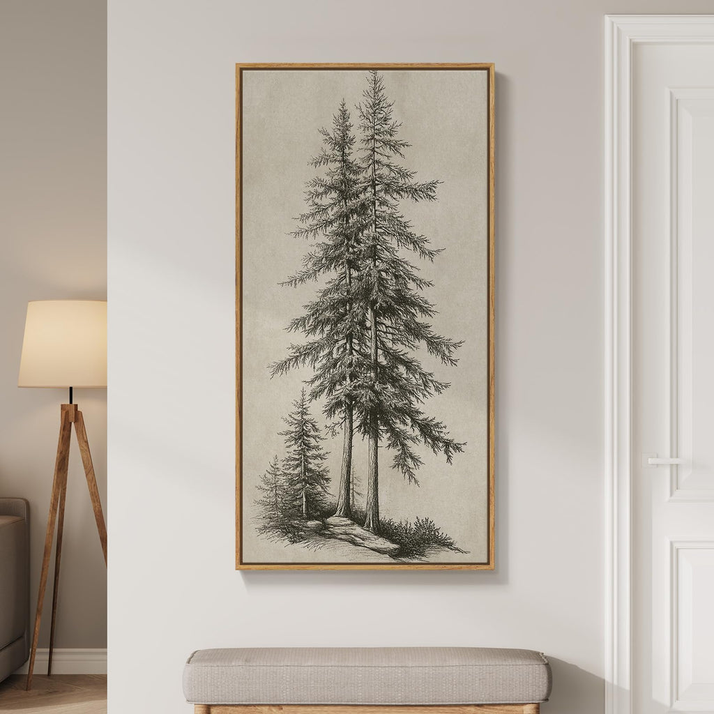 Large Framed Vintage Vertical Pine Tree Wall Art, 30x60 In