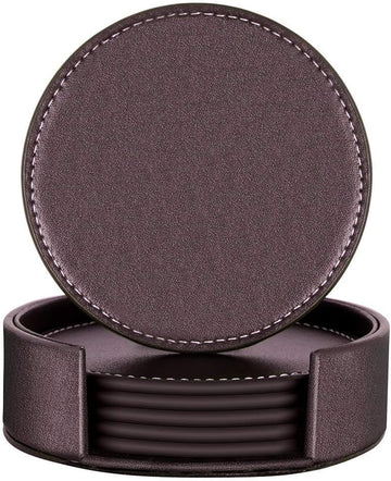 Coasters for Drinks, Leather Coasters with Holder,Protect Furniture from Damage(, Brown) - Set of 6