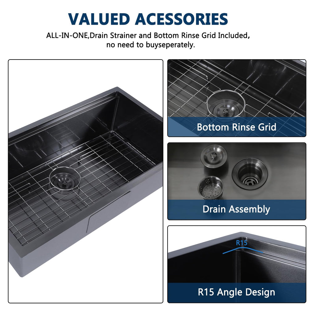 32 Inch Black Undermount Kitchen Sink Workstation, 32x18 Inch Large Outdoor Single Bowl Prep Sink, Stainless Steel