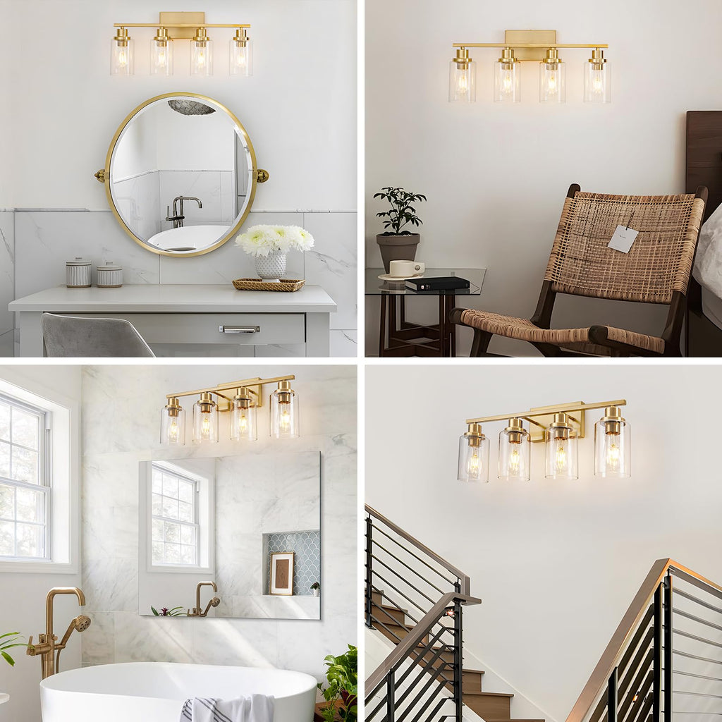 4 Light Gold Bathroom Light Fixtures Brushed Brass Vanity Light Over Mirror Modern Farmhouse Wall Lighting Sconces