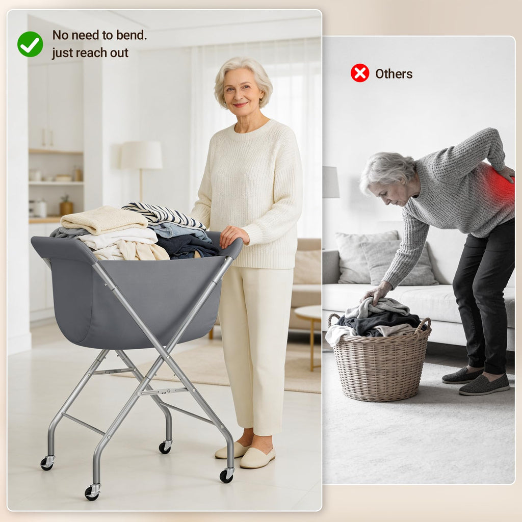 Laundry Basket with Wheels, Collapsible Laundry Hamper, Gray