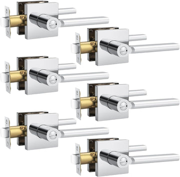 6 Packs Polished Chrome Door Handles Interior Door knob Privacy Lever Square Keyless Lock Right & Left Side Door Lock