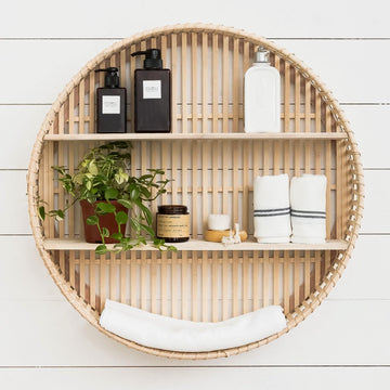 Rattan Wall Shelf 3 Tier Boho Wall Mounted Shelf Farmhouse Handcraft Round Floating Shelf Display Rack Storage