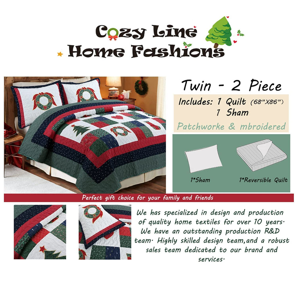 Christmas True Patchwork Wreaths Pine Tree Stockings Rustic Reversible Quilt Bedding Set, Coverlet Bedspread (Happy