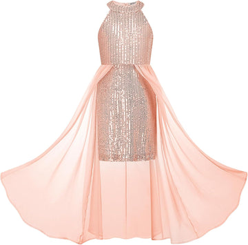 Girls Halter Neck Sequin Dress Kids Fancy Formal Party Christmas Sparkly Pageant Birthday Dresses