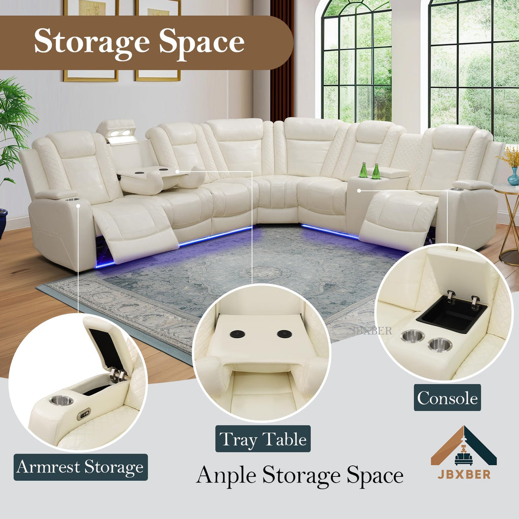Power Recliner Sectional Sofa Set, Creamy Leather Sectional Couch, L Shape Reclining Sofa with Cup Holder, Hidden