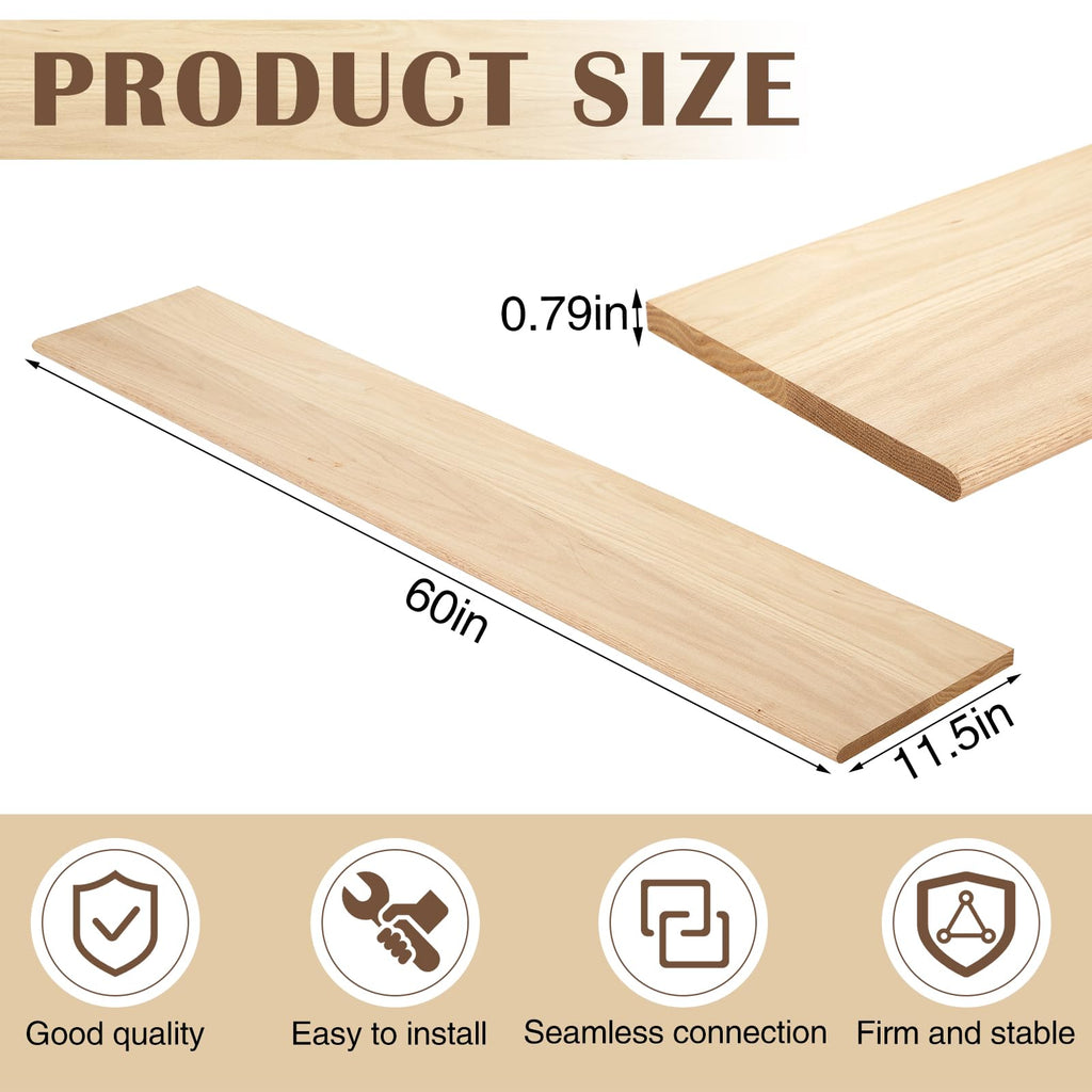 2 Pack Fas-Grade Solid Red Oak Stair Treads, Unfinished Bullnose Stair Treads, 60 x 11.5 x 3/4 Inch, Pre-Sanded