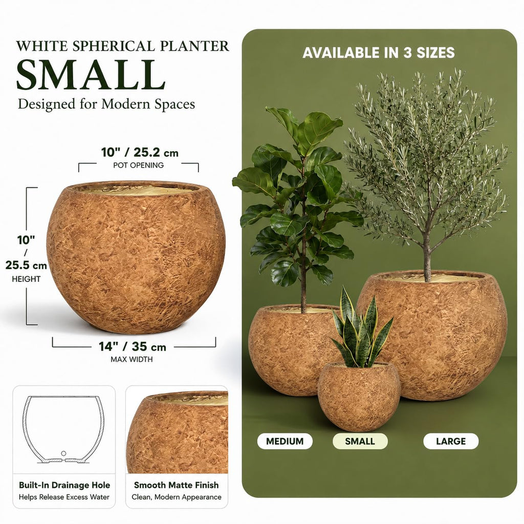 10" H x 14" Dia Round Brown Fiberstone Planter Pot with Drainage Hole, Lightweight UV-Resistant Stone-Look Decorative