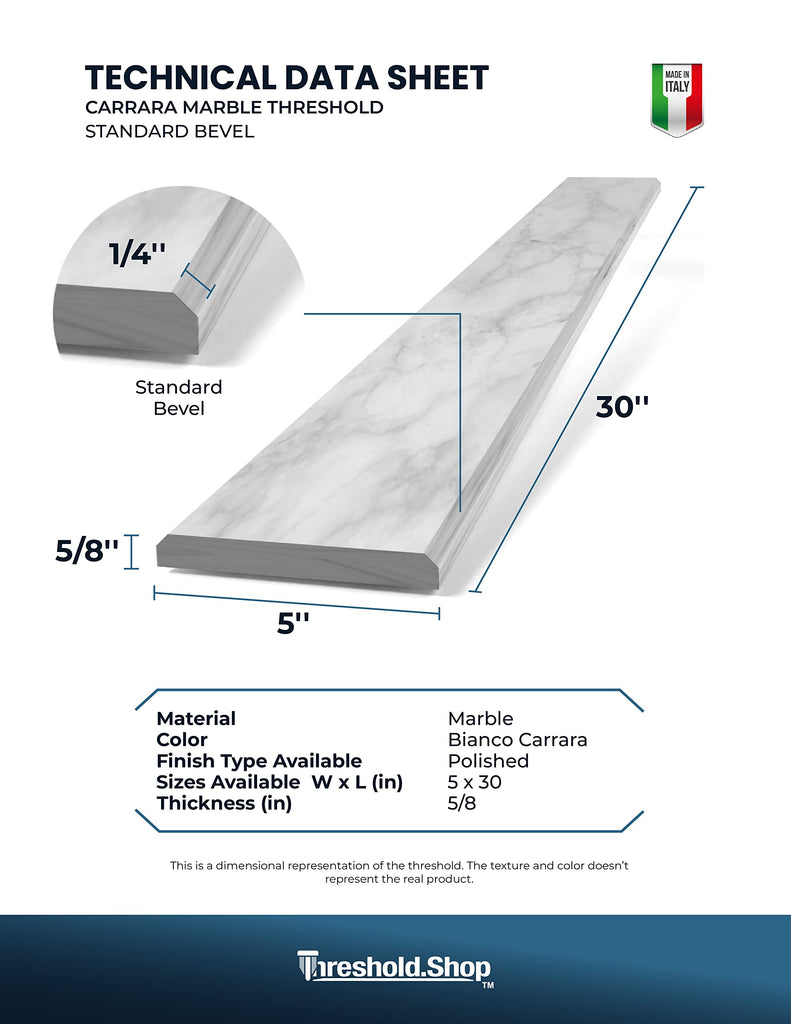 Italian White Carrara Polished Marble Threshold Double Bevel for Floor Transitions (5" x 30")