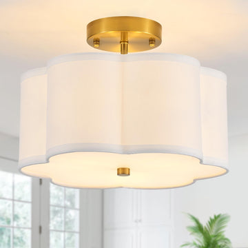 12.9" Gold Semi Flush Mount Ceiling Light, Linen 3-Light Fixture