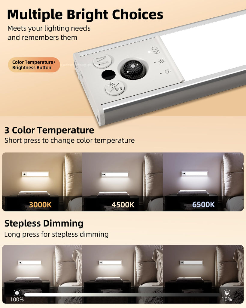 14.5inch Under Cabinet Lighting, 2 Pack 3500mAh Rechargeable Motion Sensor Light Indoor with 3 Color Temperatures