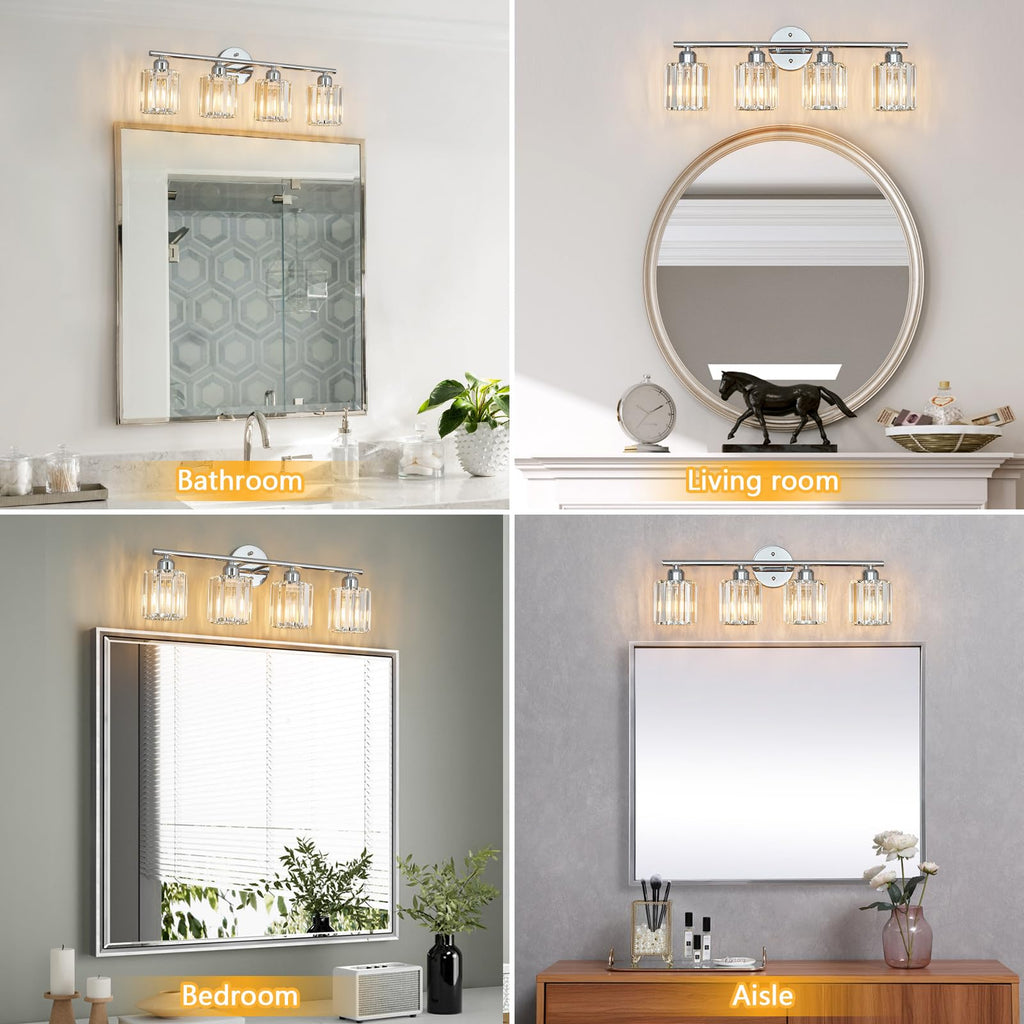 Modern 4-Light Crystal Vanity Lighting, Chrome Bathroom Light Fixture