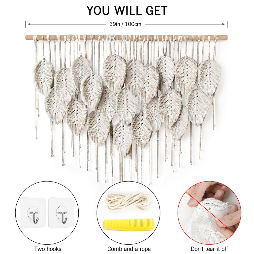 Macrame Wall Hanging Boho Beige Leaf Tapestry Wall Art Home Decor