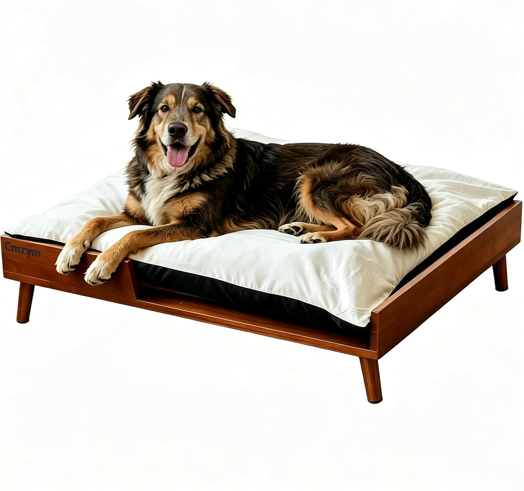 Elevated Dog Bed, Solid Wood Raised Pet Bed Frame with Cushion, Large