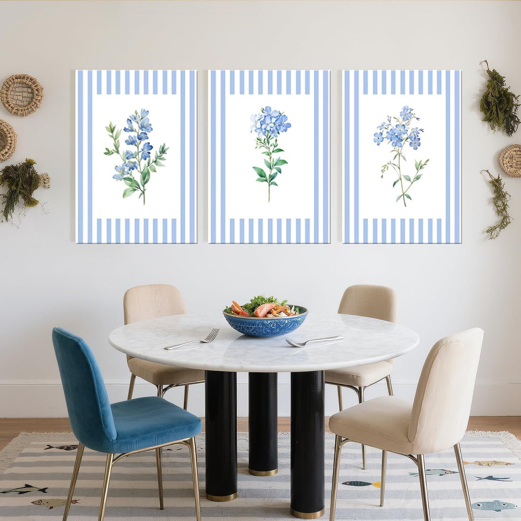 Rustic Blue and White Striped Canvas Floral Wall Art Prints Set of 3, Retro Cottagecore Botanical Flower Posters