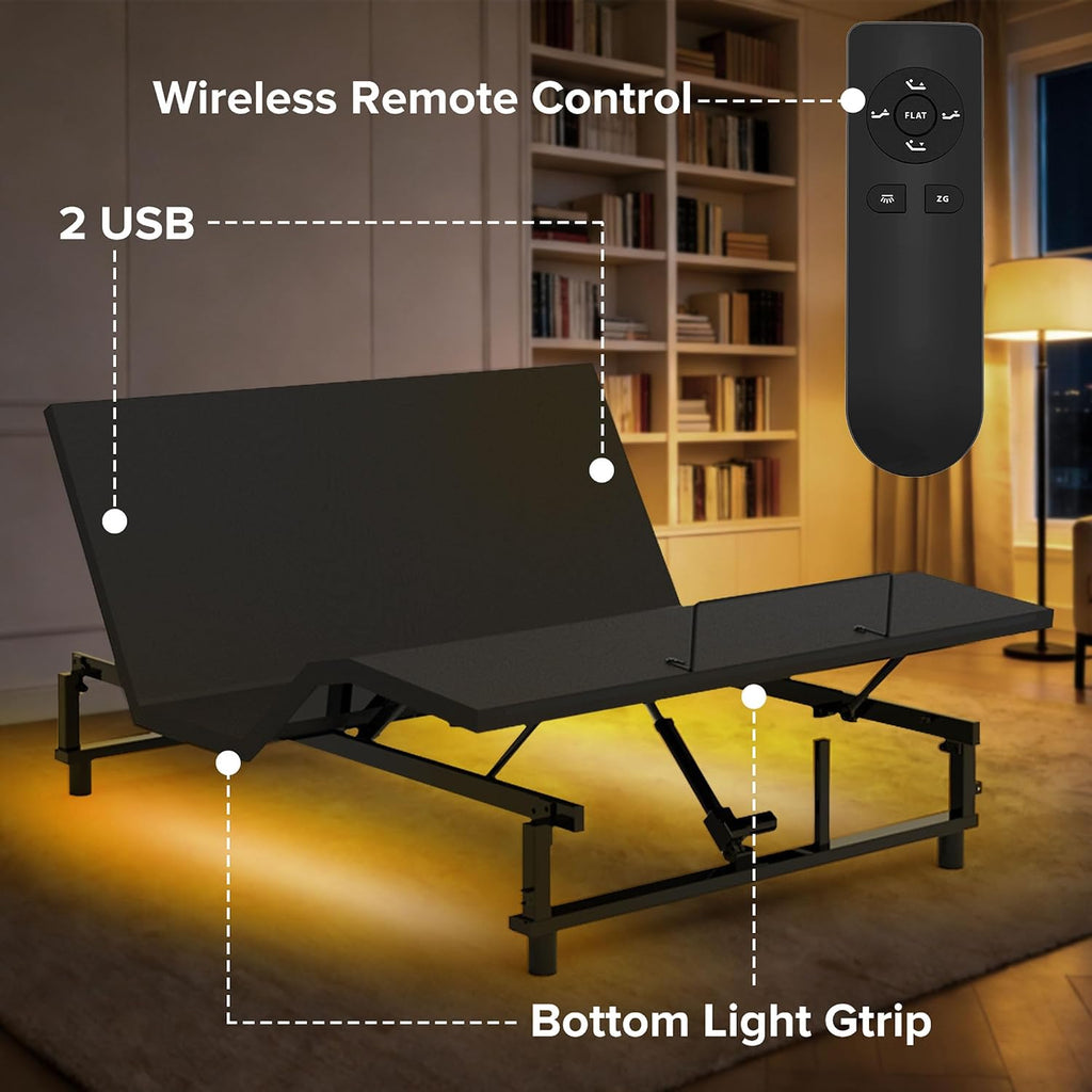 King Adjustable Bed Frame with Remote/Zero Gravity/Head & Foot Incline/USB Ports/Under-Bed Nightlight/Quiet Motor