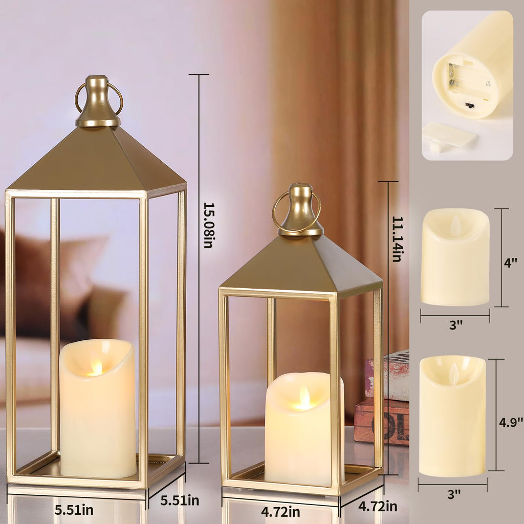 Decorative Candle Lanterns Indoor, 2 Pcs Gold Metal Lanterns with Candles