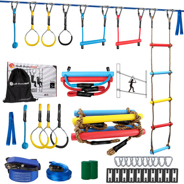 Warrior Obstacle Course for Kids - 2 * 56FT Slackline Kit with 8 Obstacles | Upgraded Quick-Install Buckles (No