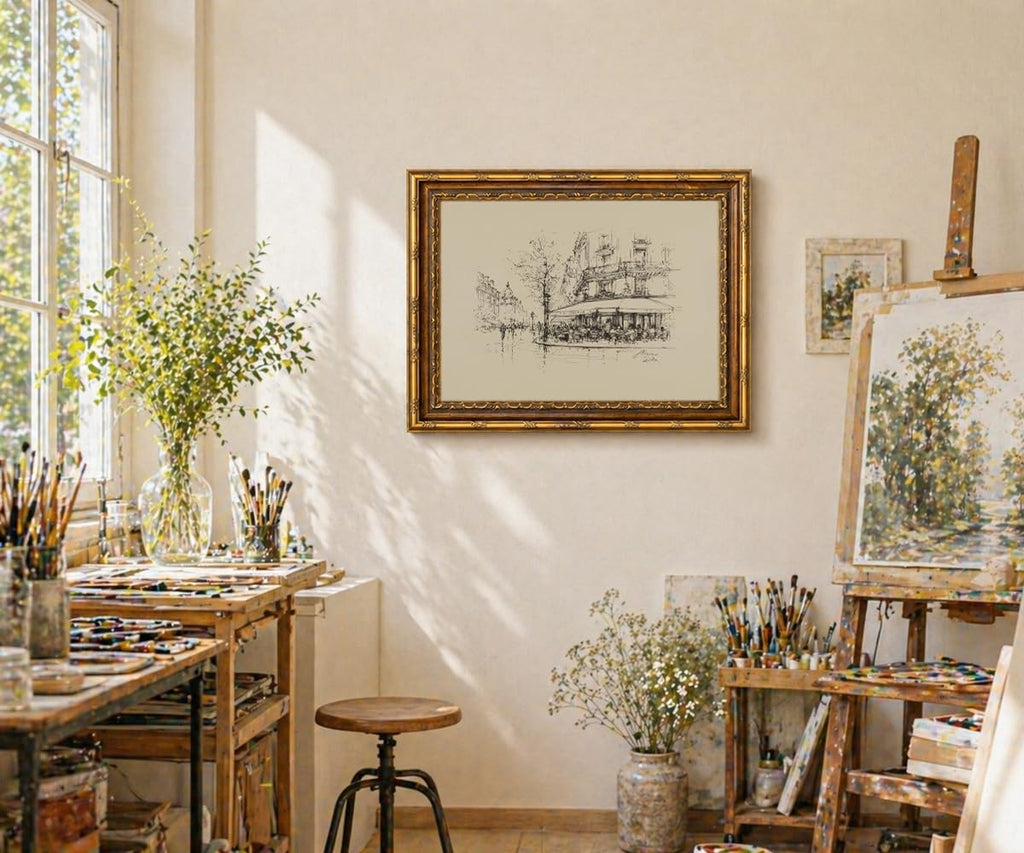 Vintage Paris Cafe Wall Gold Frame, European Cityscape Sketch Print