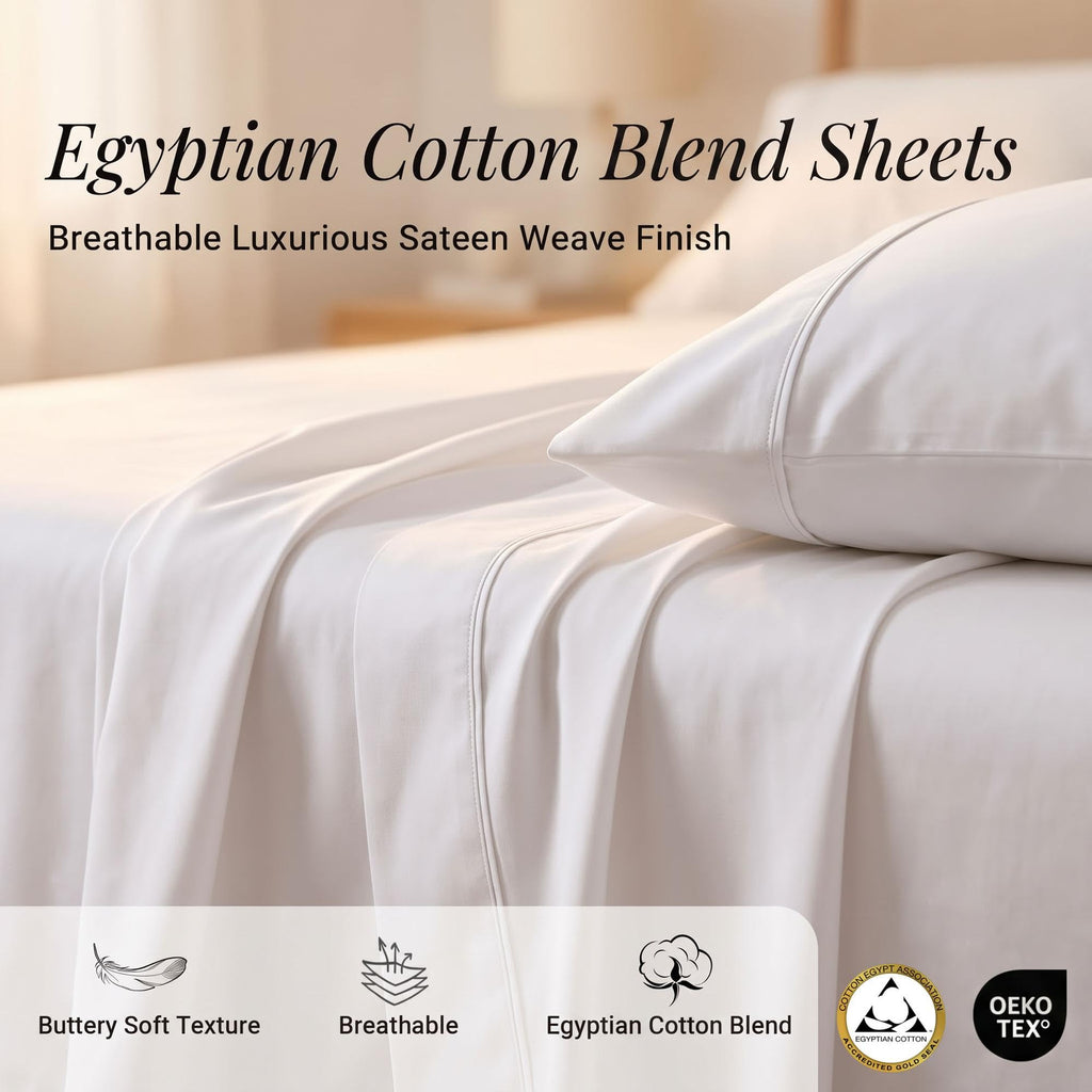 Egyptian Cotton 400 Thread Count Bed Sheet Set, 1 Elastic Deep Pocket Fitted Sheet, 1 Flat Sheet, 1 Pillowcase, Soft