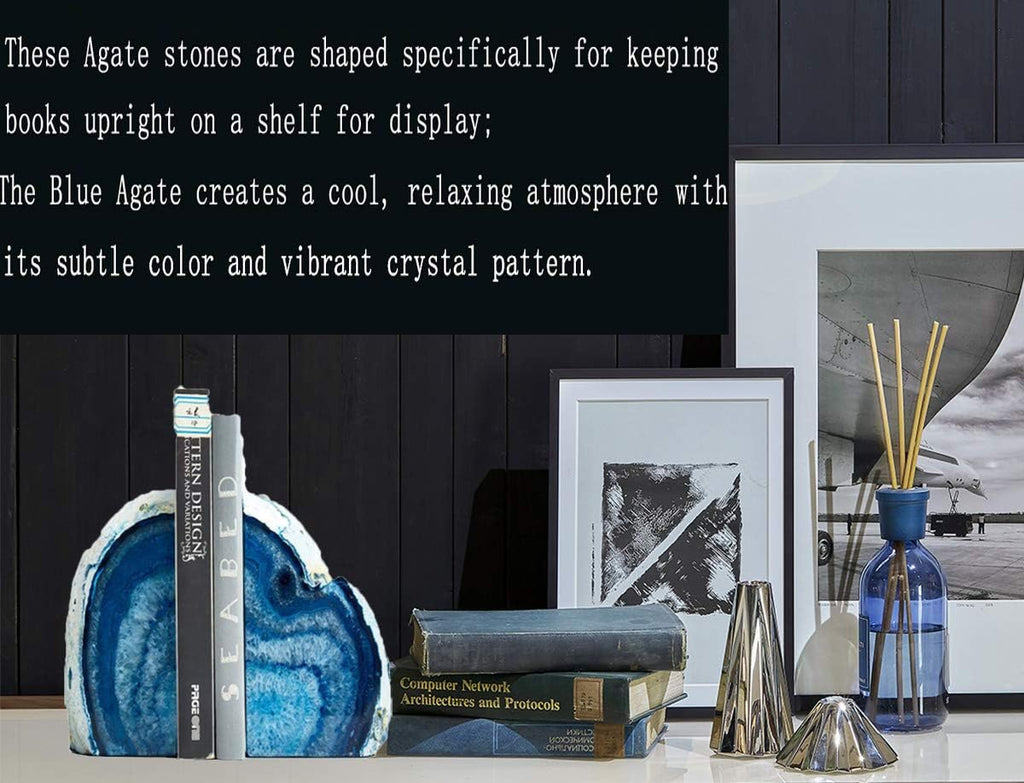 Heavy Blue Agate Geode Bookends Anti-Slip Rubber Pads Decor 6-8 lbs | 1Pair dyed blue crystal bookends Large heavy