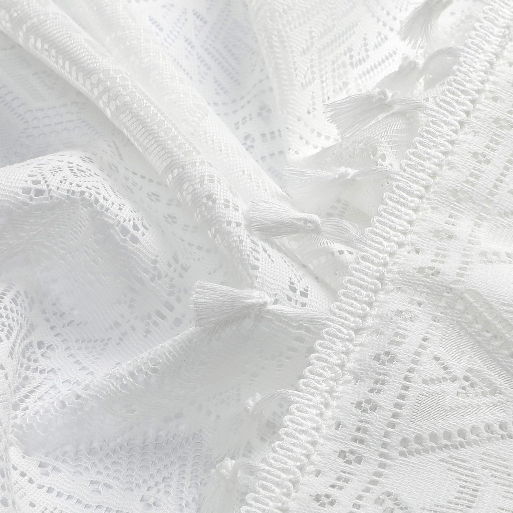 White Boho Sheer Lace Window Curtains with Tassel, 40" Wx72 Lx2