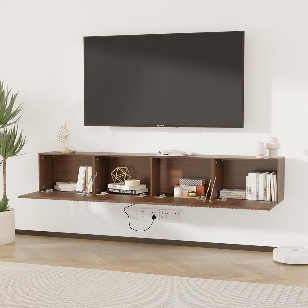 82" Floating TV Stand with LED Lights & Charging Station for 80 inch TV, Wall Mounted Entertainment Center, Modern