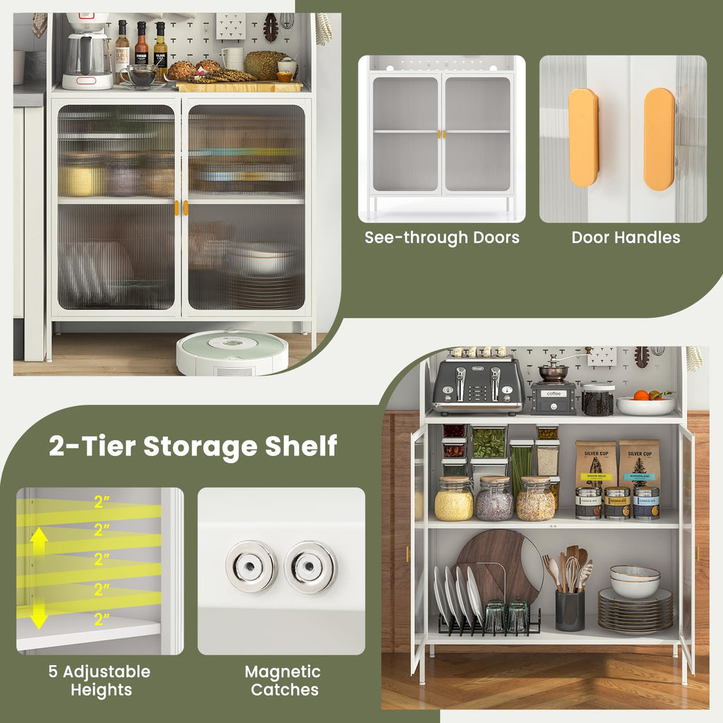 Pantry Organizers and Storage, 63.5" H Kitchen Buffet Cabinet with Hutch, Pegboard, 8 Hooks & 1 Hanging Storage Box