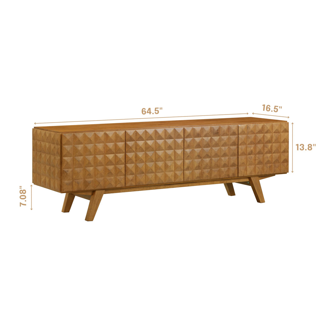 Sapa Mid-Century Modern Solid Wood TV Stand 4-Door Media Console with Carved Geometric Fronts for TVs up to 75"