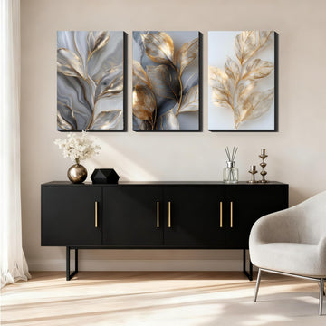 3 Pc Large Wall Art - Gold Leaf Marble Abstract Decor, Luxury Textured Prints, Oversize Elegant Wall Art, Framed